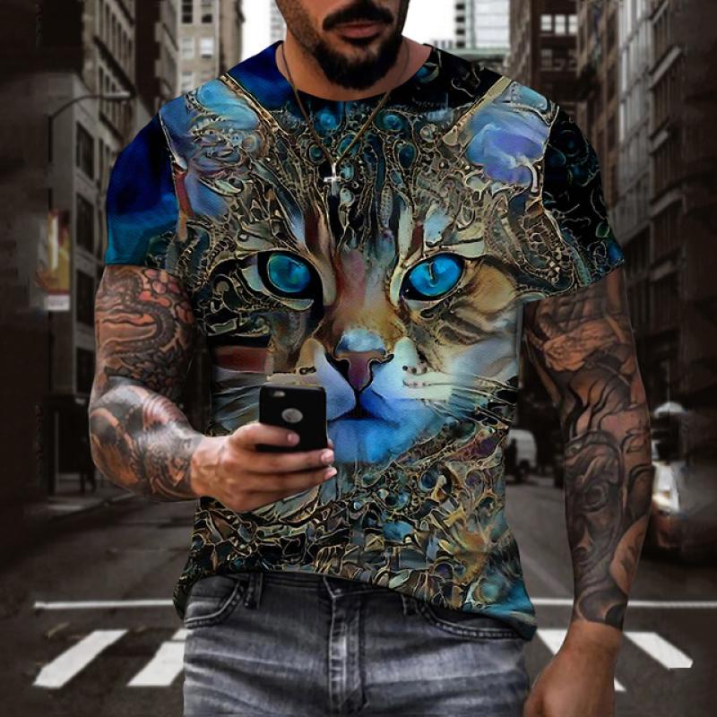 Subilier Zomer 3d Print Heren T-shirts Grappige Blauwe Kat Patroon T-shirt Mode Korte Mouwen Top Tee Ronde Hals ademend Shirt Voor Mannen S