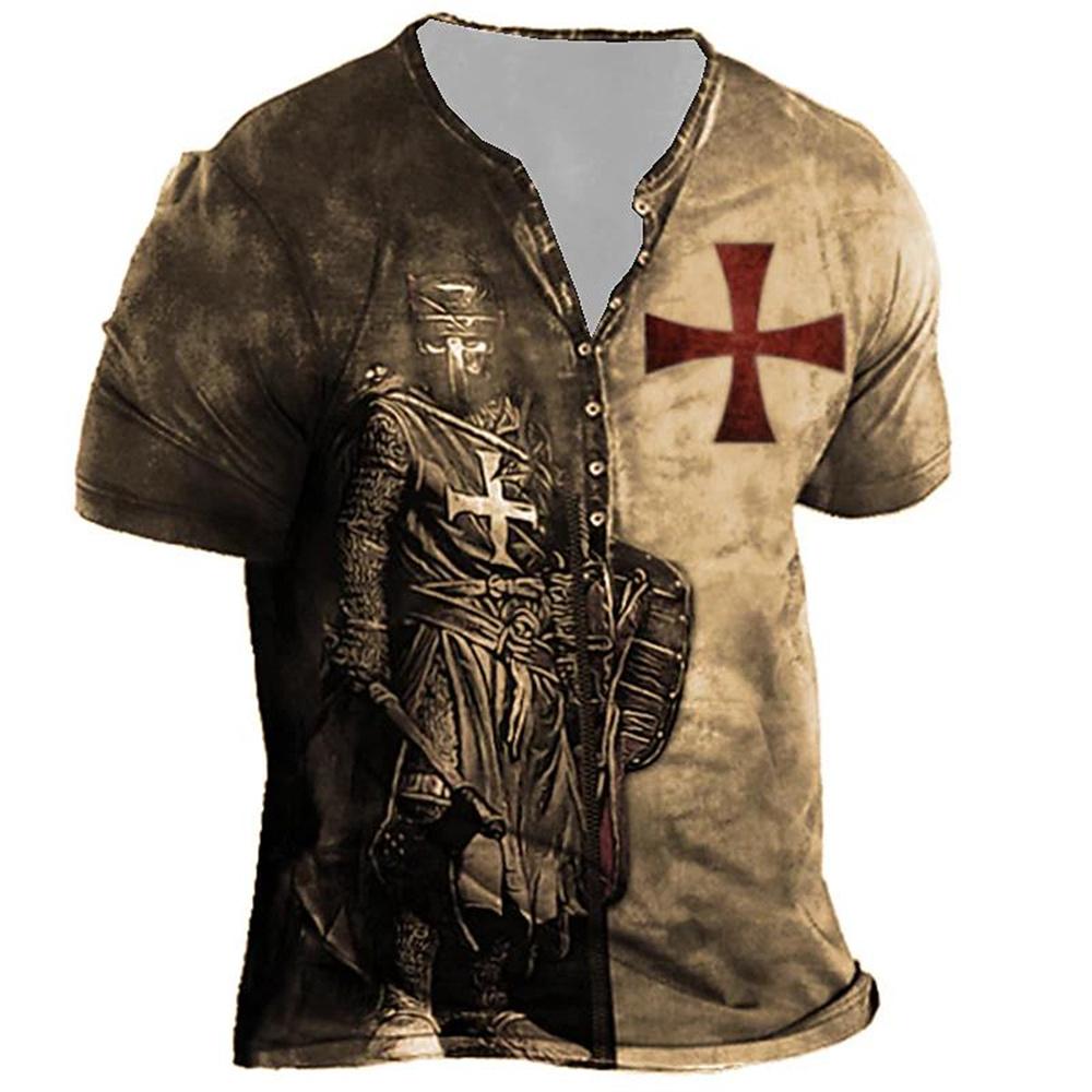 Subilier Oversized T-shirt voor mannen Vintage 3D Print Kleding Tempeliers Ridder Henley T-shirts Gothic V-hals Korte mouw Tee Lente Zomer S