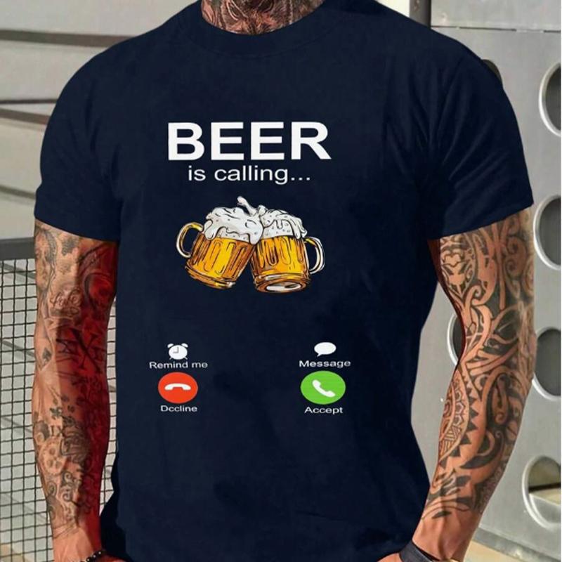 Happy Show Nieuwe zomer herenmode T-shirt Creatief bier telefoongesprek bedrukt heren T-shirt top XS zwart