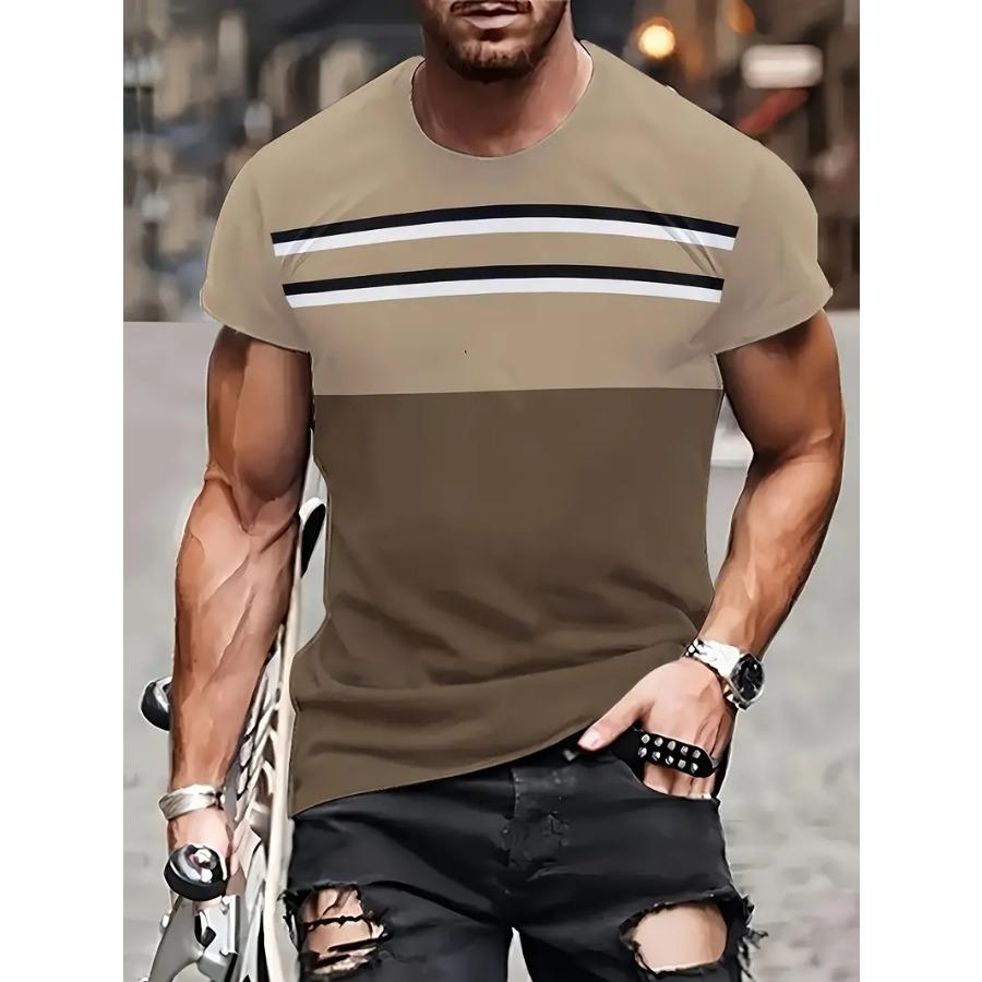 WowClassic Men's Fashionable Casual Color Block Stripe 3D Digital Print Round Neck T-Shirt, Summer Trendy Short Sleeve Top S kaki