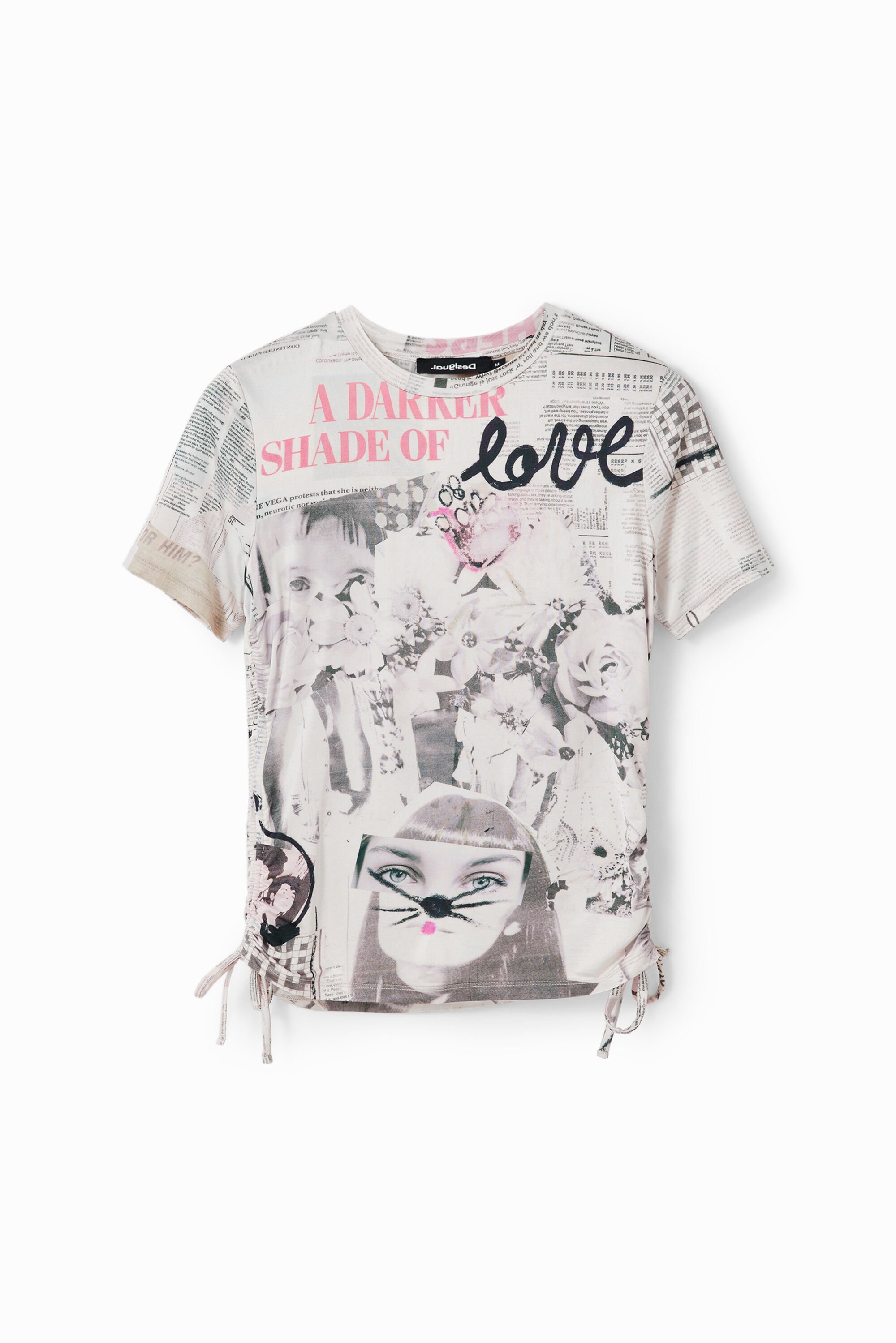 Desigual Slim fit T-shirt met plooitjes en krantenprint - WHITE