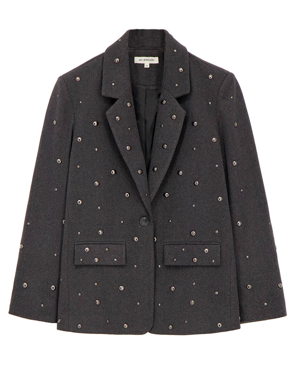 My jewellery Donkergrijze blazer met studs