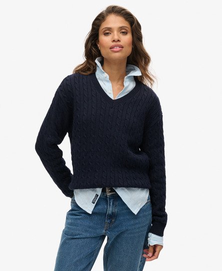 Superdry Vrouwen Oversized Kabeltrui met V-hals Blauw