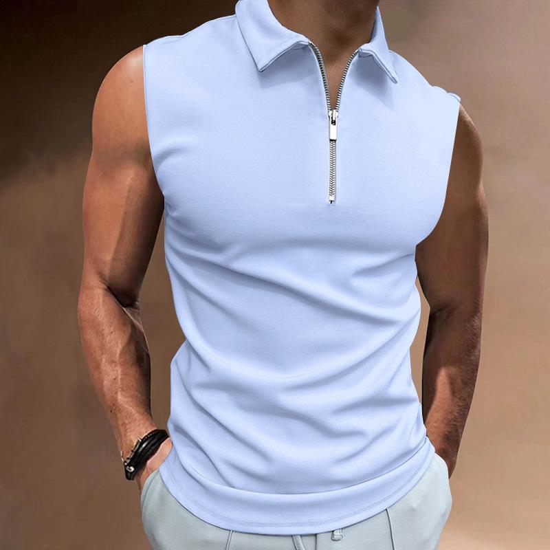 ForYourBeauty Heren Zomer Mouwloze T-shirts Heren Rits Revers Tees Casual Vest Top Man Effen Blauw Wit Zwart T-shirt S wit