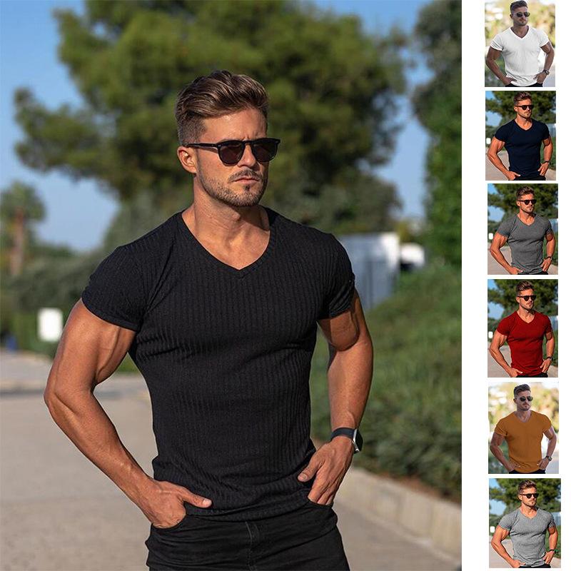 Source universe Gym T-shirt Heren V-hals Korte Mouw Gebreide T-shirt Sport Slim Fit T-shirt Mannelijke Fitness Bodybuilding Workout Zomerkleding M wit