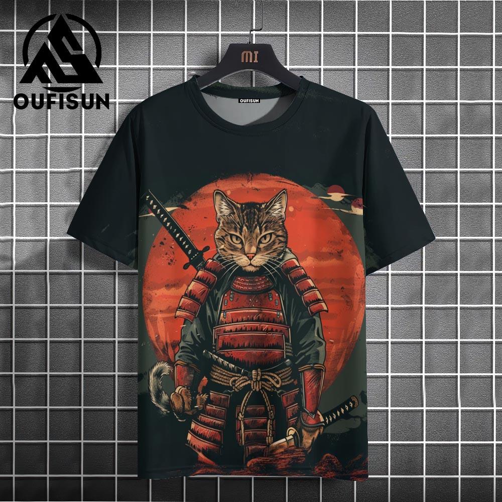 Etst 003 Samurai Cat Men's Fashion Japanese Hip Hop Short Sleeve T-Shirt S