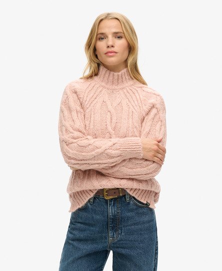 Superdry Vrouwen Gebreide Kabeltrui met Hoge Hals Roze