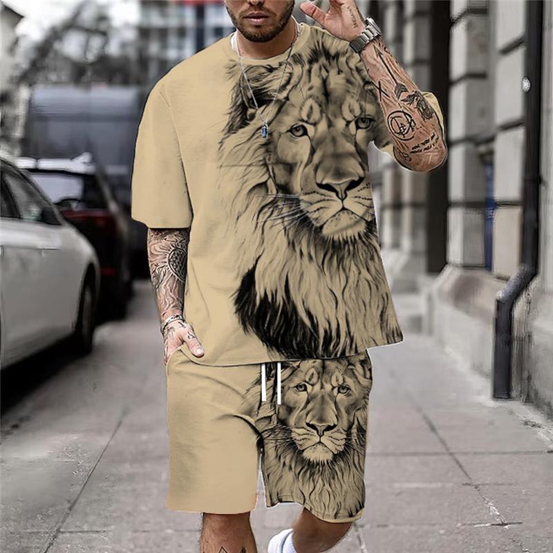 ETST 07 Plus Size 3D Leeuw Print Mannen Cool T-shirt Shorts Set Voor Sport Fitness Zomer Street Style Oversized Grafische 2 stuks Mannen Kleding S