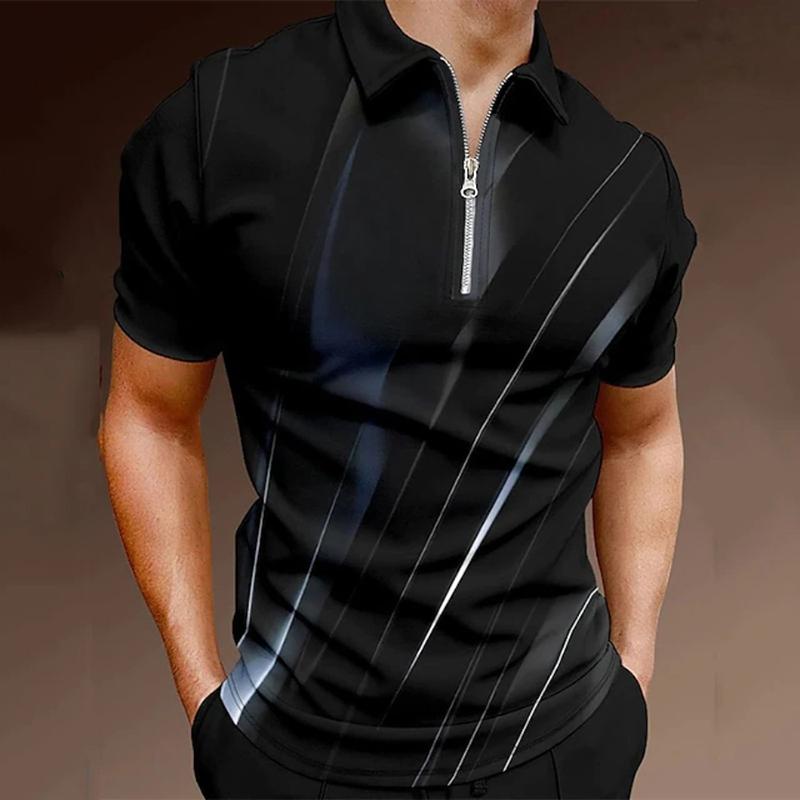 Happy Show Casual revers T-shirt Jonge herenmode Rits T-shirt Korte mouw T-shirt Heren 3D Color Block Print T-shirt XS zwart