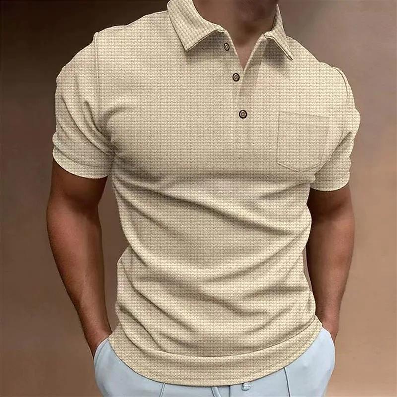 HerSight Mannen Zomer Solid Korte Mouw Wafel Shirts Heren Shirt Revers Pocket Button T-shirt Wit Zwart Top S zwart