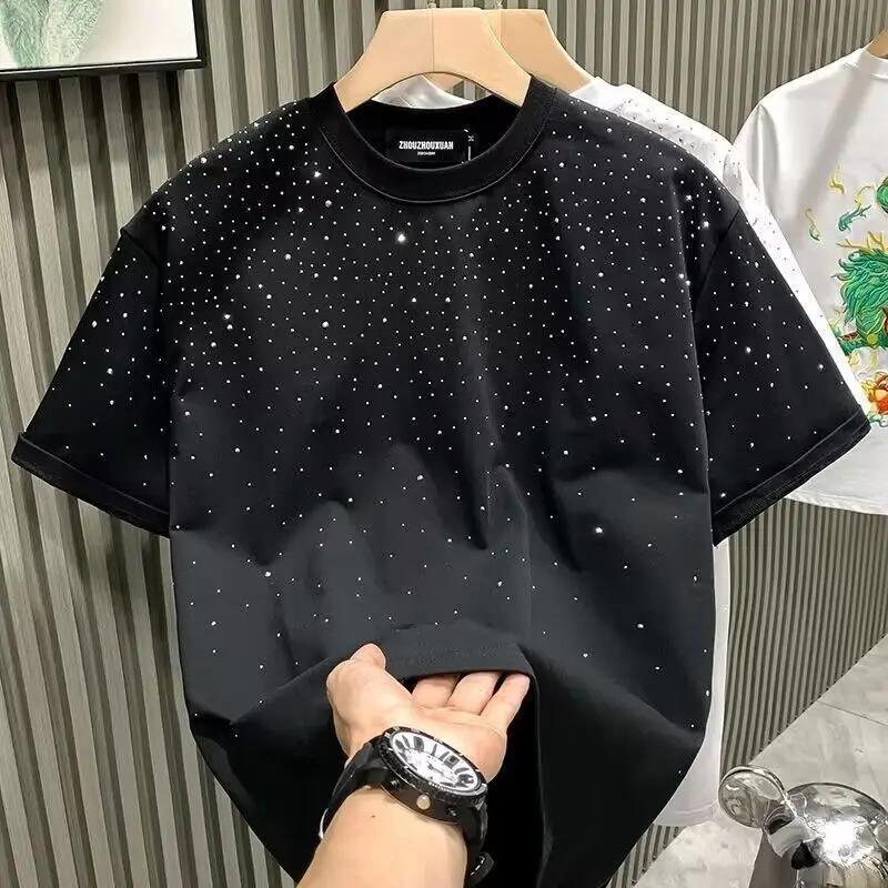 LAOHU Zomer Strass Klinknagel T-shirt Herenkleding Ronde Hals Casual T-shirt Mode High Street Heren Zomer Korte Mouwen XXL wit