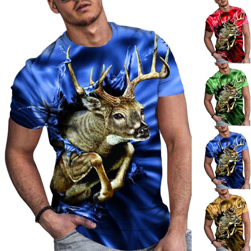 Happy Show Nieuwe zomer herenmode T-shirt persoonlijkheid antilope bedrukt heren T-shirt top XS blauw