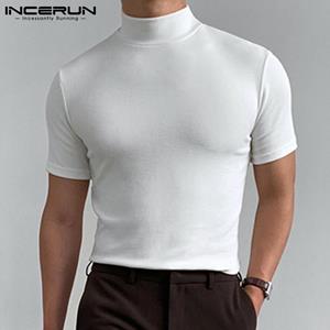 INCERUN Eenvoudige Stijl Herenmode Zomer Basics Tops Hoge Kraag Slim Fit Loungewear Geplooide Casual T-shirts S-5XL M zwart