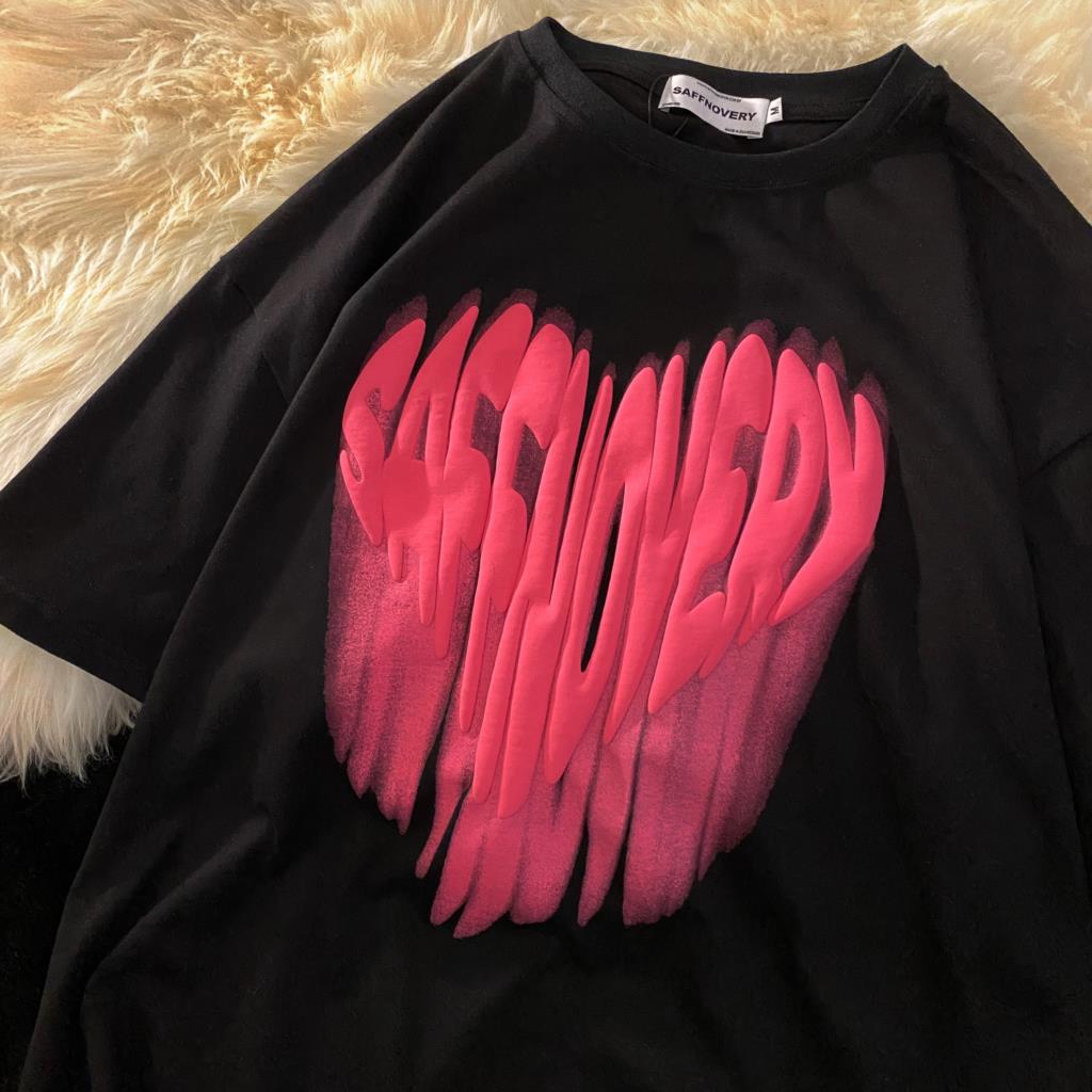 ZSIIBO Happy Girl Y2K Foam Print Streetwear Liefde Patroon Korte Mouw Zwart T-shirt Retro O-hals T-shirt Kawaii Leuke Zomer Top Fashion XL