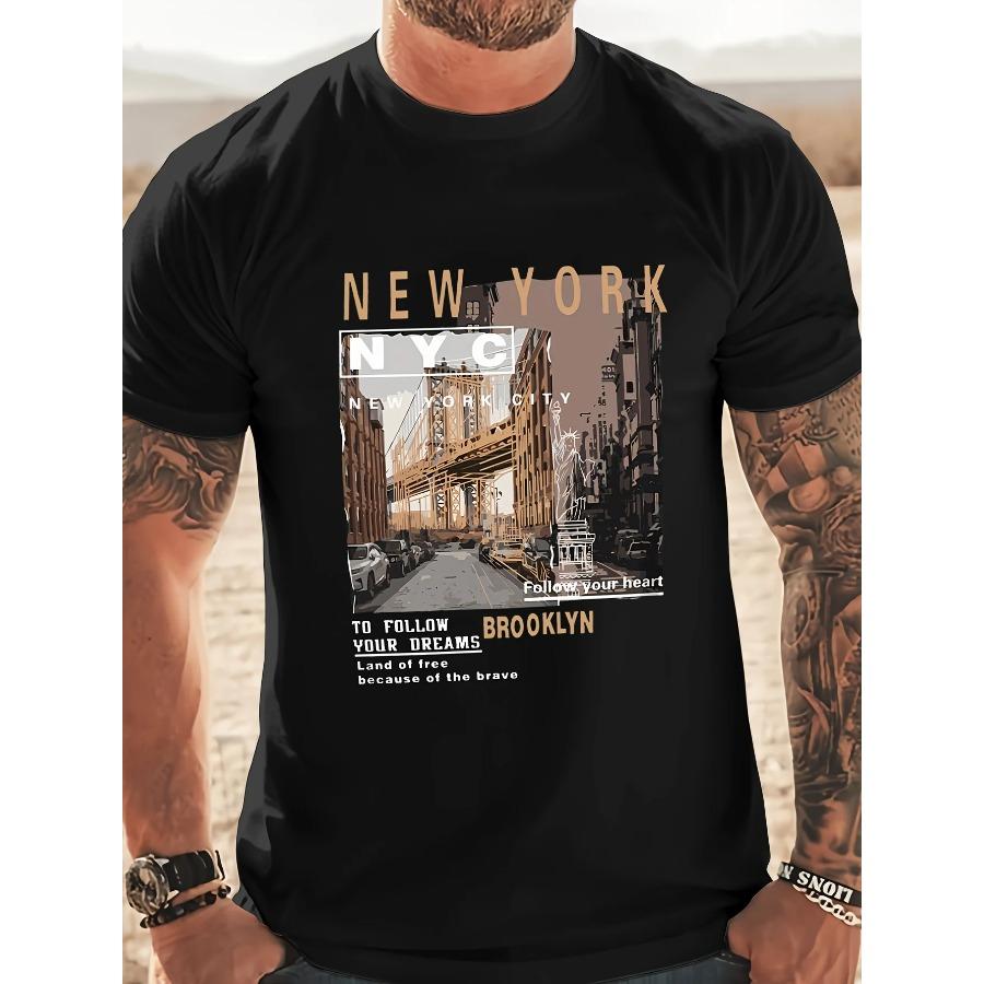 WowClassic Heren 100% katoen zomer losse pasvorm casual New York print ronde hals korte mouwen T-shirt top O-hals Pactwork Casual T-shirt 3XL
