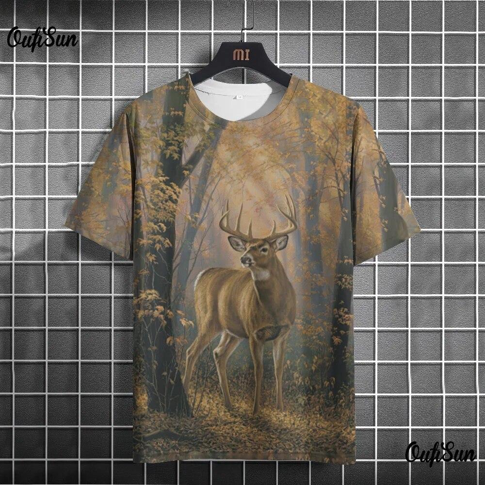 ETST 03 3D Animal Print Heren T-shirt Hertenpatroon Tops Fashion Street Korte Mouw Ronde Hals Trui Oversized Herenkleding S