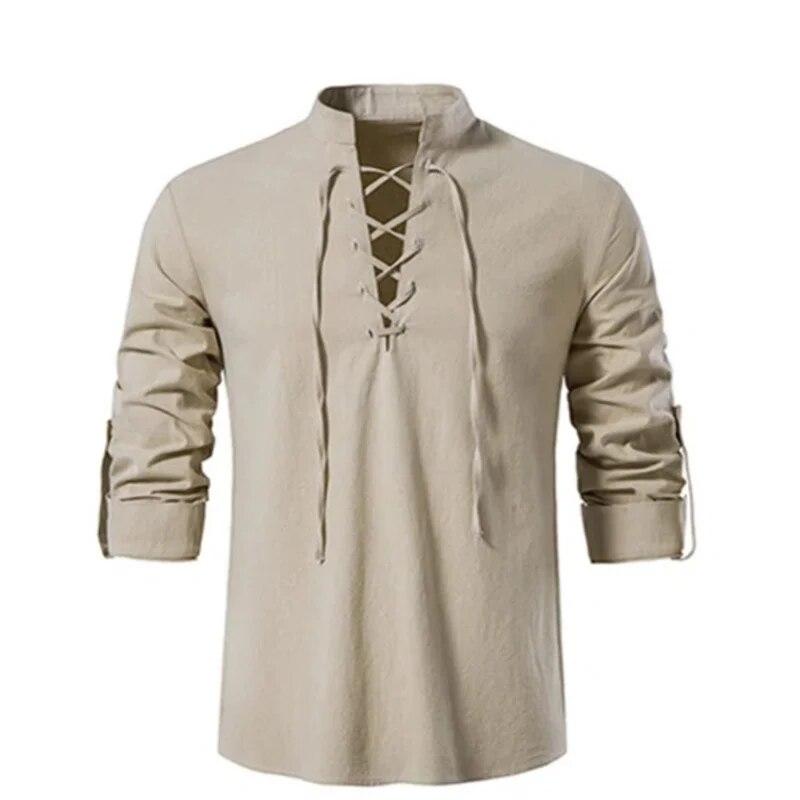 QGOOD Heren V-hals Shirt T-shirt Mode Vintage Dunne Lange Mouw Top Heren Casual Ademend Voorkant Vetersluiting Heren Shirts XXXL wit