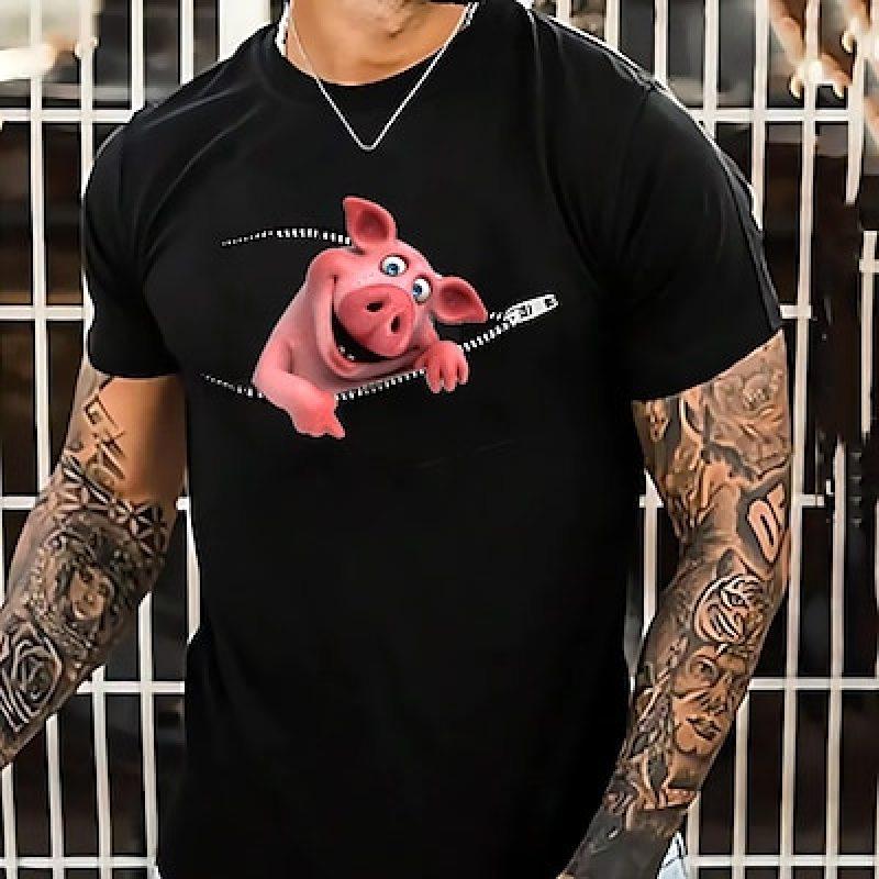 ETST 07 Heren Grafisch Shirt Varken Cartoon 3D Voor Verjaardag Dierenprints Zwart Roze Marineblauw Tee Blend Casual Korte Mouw S