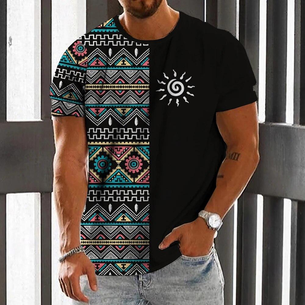 ETST 07 Vintage heren T-shirt Etnische print Casual Korte mouw Zomer Ronde hals Streetwear Heren Losse sweatshirt Ademende herenkleding 3XL