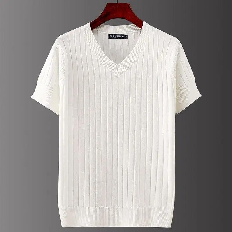 DSorothy Heren T-shirts met korte mouwen V-hals Casual breien Gestreepte tops All-match Effen kleur Trui Zacht Slim Fit Ademend T-shirt 7XL wit