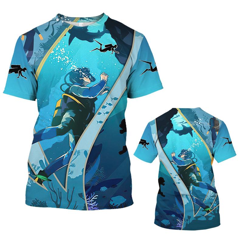 Laoxu 3D Onderwater Duiken Bedrukking T-shirt SCUBA DRIVING Grafische T-shirts Voor Heren Kindermode Sport Gym Korte Mouwen Harajuku Tops S wit