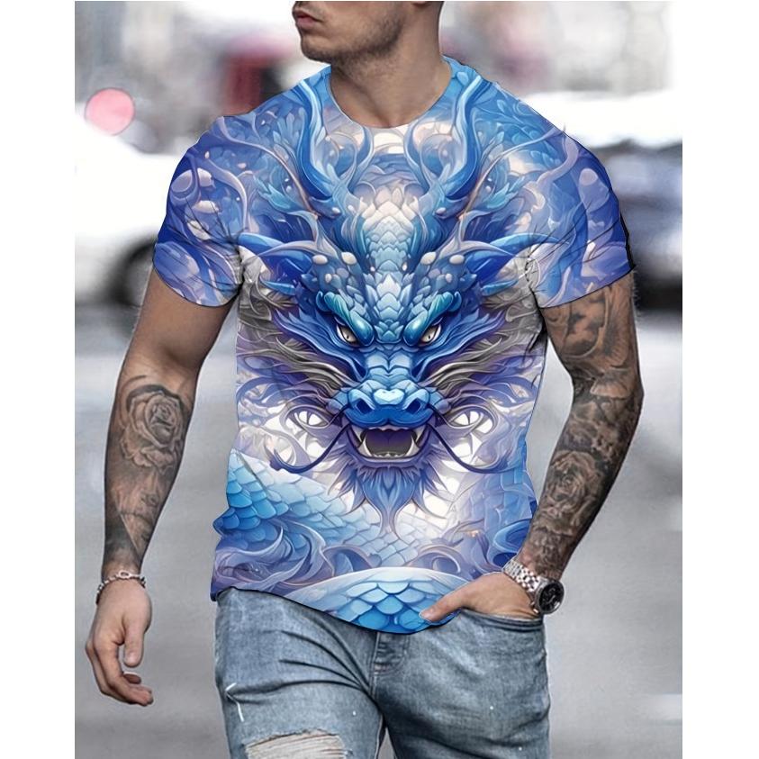 HerSight Streetwear Dragon 3D Printed T-shirt Zomer Heren Cartoon Dier Patroon Kleding Ronde Hals Tops Casual Korte Mouw T-shirts S