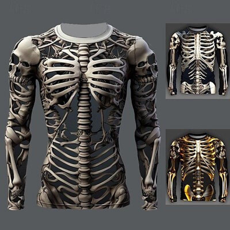 ETST 07 Grafische schedel skelet modeontwerper casual heren 3D print t-shirt tee sport outdoor vakantie uitgaan t-shirt zwart lange mouwen ronde hals shirt S