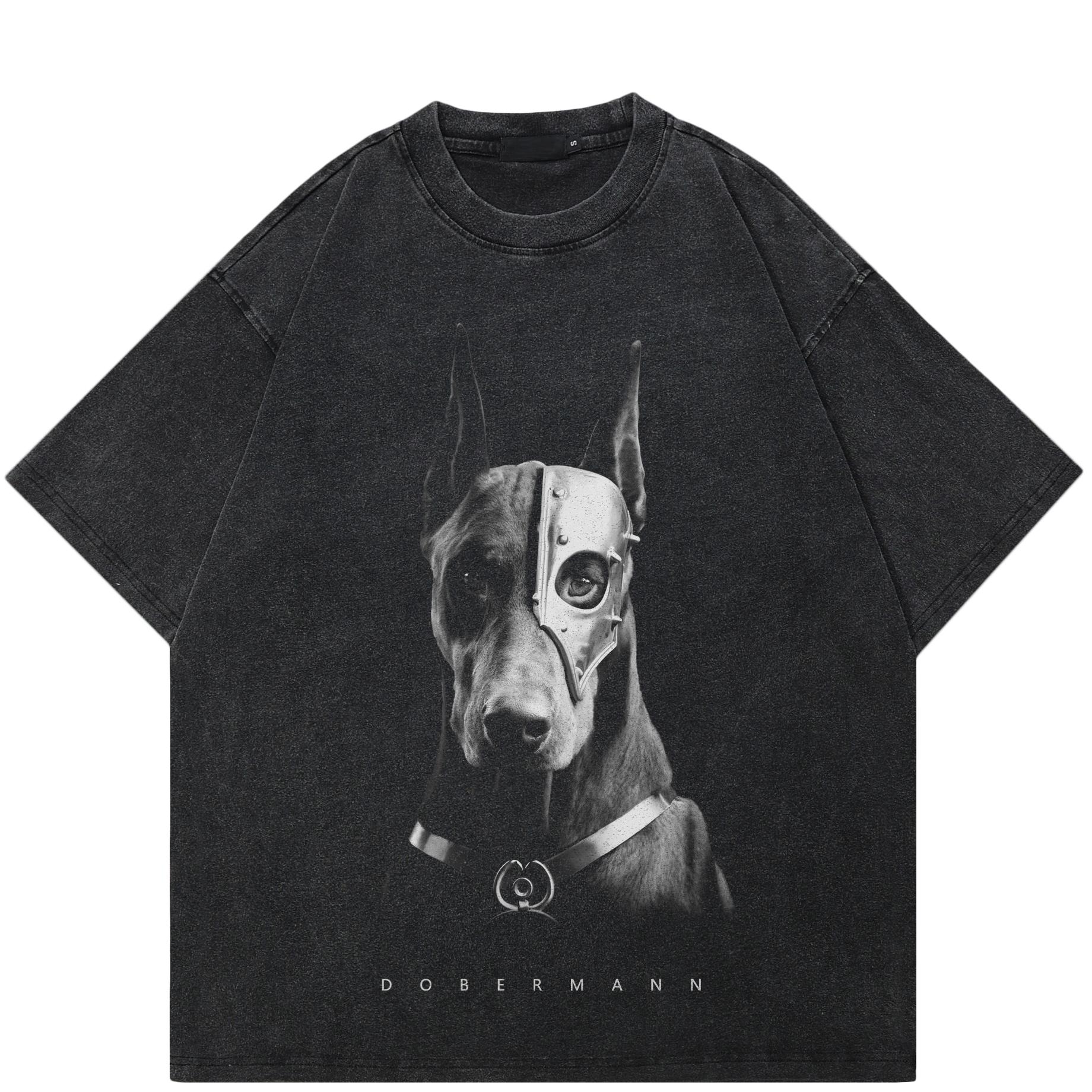 AKIN QUARTER 24 2024 Streetwear Dobermann Grafisch Unisex T-shirt Katoen Gewassen Zwart T-shirt Unisex Tops Tees Zomer Korte Mouwen T-shirt S zwart