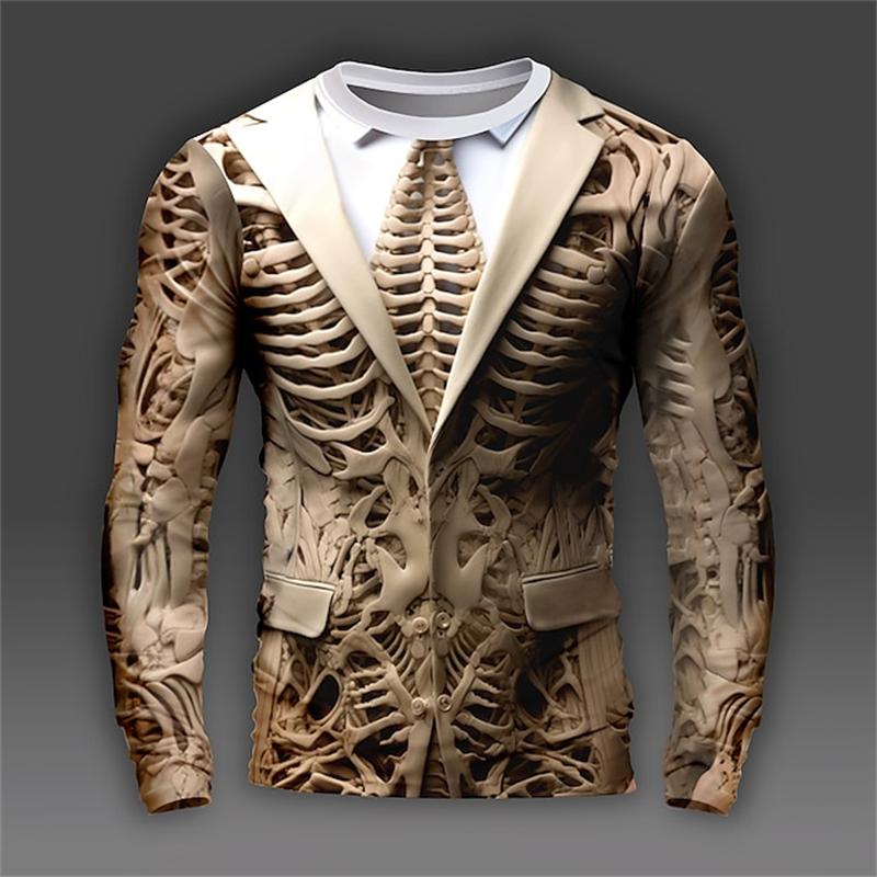 ETST 013 3D Print Skeletschedels Patroon T-shirts Mannen Lange Mouw Casual Mode T-shirt Top Sweatshirt Ademende Streetwear Losse T-shirts S