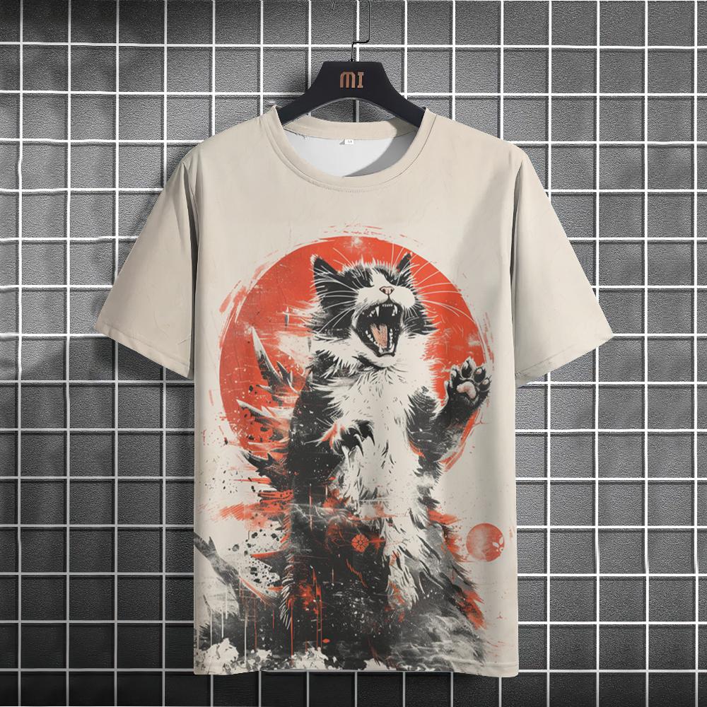 Etst 003 Japans T-shirt voor heren Godzilla en kat grafisch T-shirt Bedrukt T-shirt met korte mouwen S