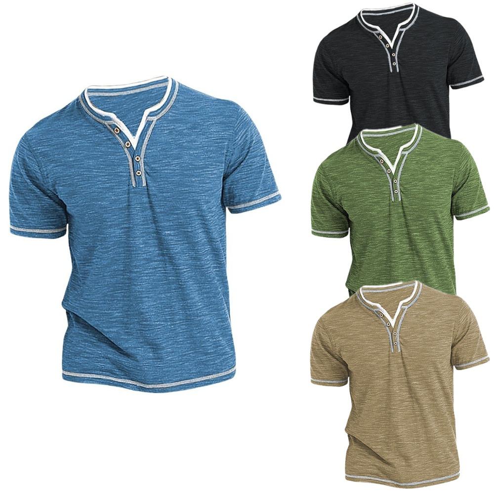 King Billion Katoenen kleine V-hals korte mouw T-shirts Heren Casual Henley kraag Shirt Casual Slim Elastische tops T-shirts Bottoming Shirts S beige