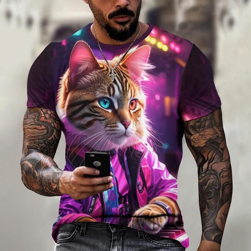Xuhaijian02 Zomer Heren T-shirt Kattenprint Casual Korte Mouw 3d T-shirts Mode Streetwear Ronde Hals Trui Oversized Herenkleding S