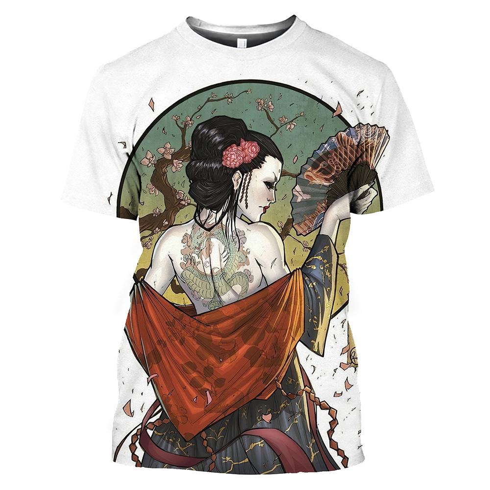 Subilier 3D T-shirt voor heren Japanse stijl korte mouwen tops Geisha print O-hals heren T-shirts Oversized T-shirt herenkleding XS