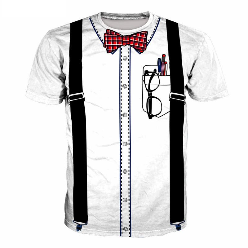 Laoxu Nieuwe nep slabbetje strik bril pennen bedrukte 3D T-shirts voor mannen en vrouwen hiphop wit hipster streetwear jongen shirt kleding 6XL S wit