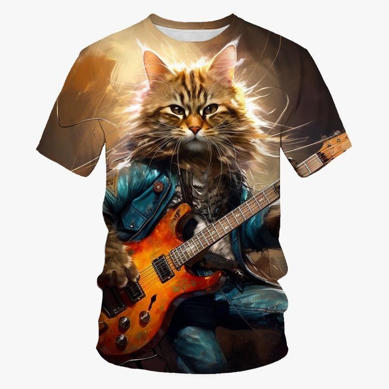 ETST 07 3D-print Gitaar Bas Kat T-shirt voor heren Dierlijke grafische T-shirt Hiphop persoonlijkheid Korte mouwen Ronde hals Rock T-shirts XS