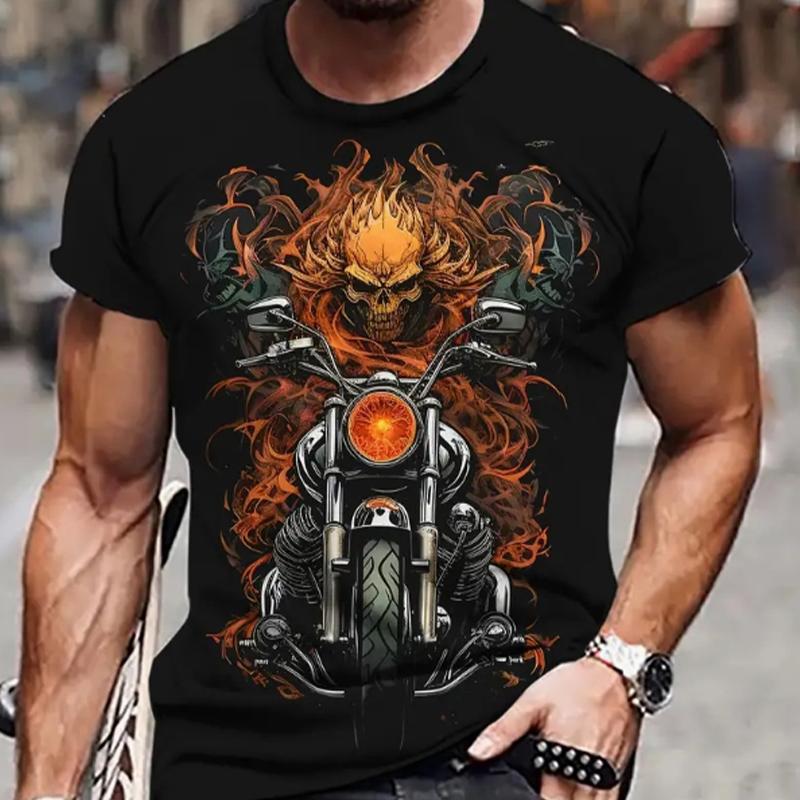 Happy Show Nieuwe zomer herenmode T-shirt persoonlijkheid skelet motorfiets bedrukt heren T-shirt top XS zwart