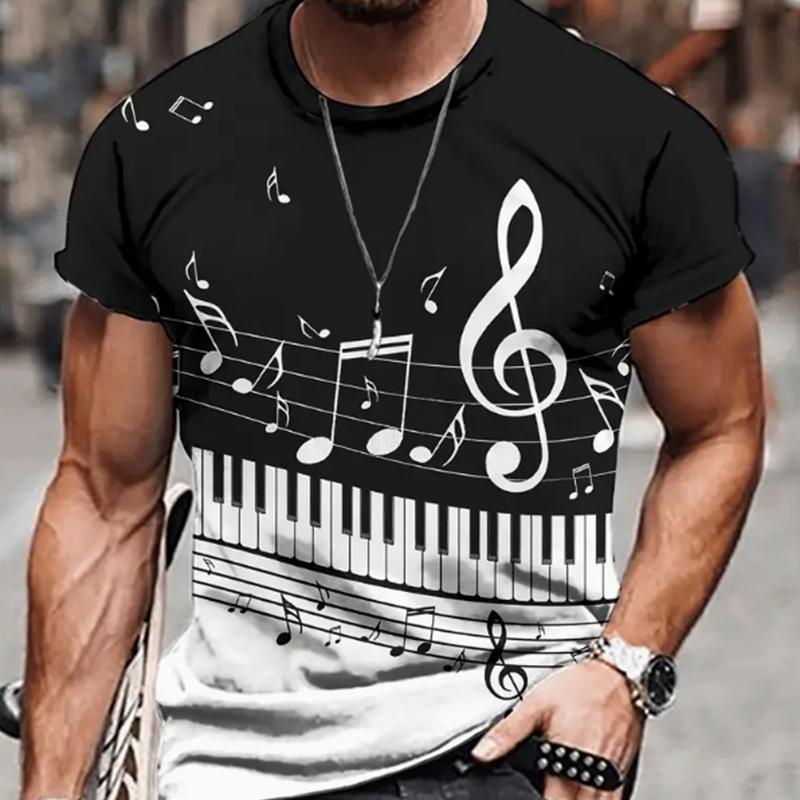 Happy Show Nieuwe zomer herenmode T-shirt persoonlijkheid muzieknoot gitaar bedrukt heren T-shirt top XS geel