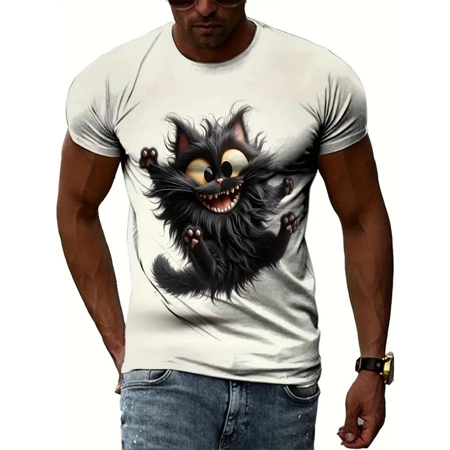 Plus Size FUGUIS Dieren T-shirt voor heren Zomer Korte mouw Kattenprint T-shirt Mode Streetwear Oversized Kleding Casual Ronde hals Trui S