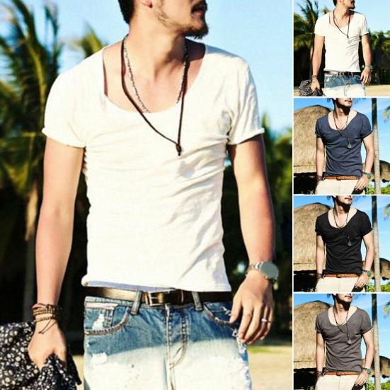 Baisida Heren Zomer T-shirt Grote V-hals Dun Effen Kleur Slim Fit Zacht Ademend Korte Mouwen Middellange Lengte Rekbaar Casual Dagelijks Heren Top 2XL marineblauwe kleur
