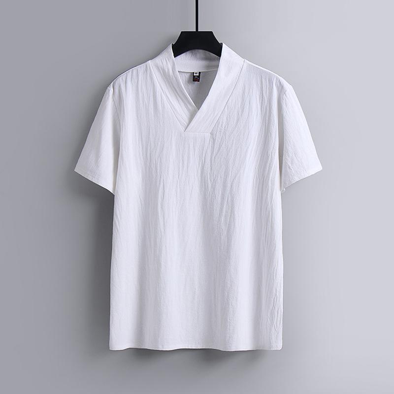 QGOOD Herenkleding Grote Maten T-shirts Linnen Chinese Stijl Zomer V-hals Grote Korte Mouw T-shirt Mannelijke Tee Tops Plus 9XL wit