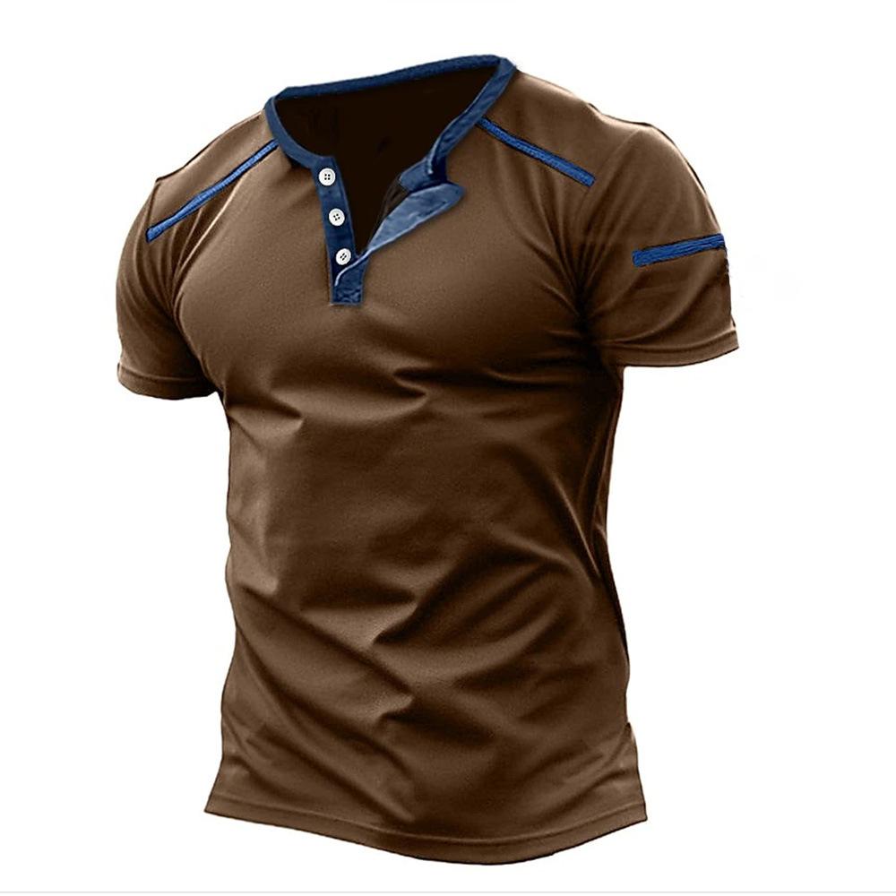 FX Men Heren casual T-shirts met korte mouwen, knoop V-hals, vintage zomerspier-T-shirt voor heren L lichtbruin