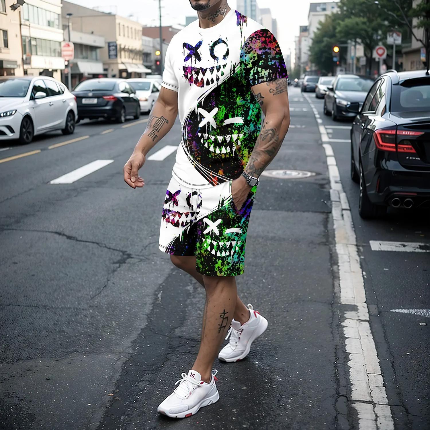 ETST 03 Zomer Korte mouwen Shorts Set voor Heren Sport 3D Print Grappig Emoji Patroon Mode Casual Losse Trendy Set voor Heren L