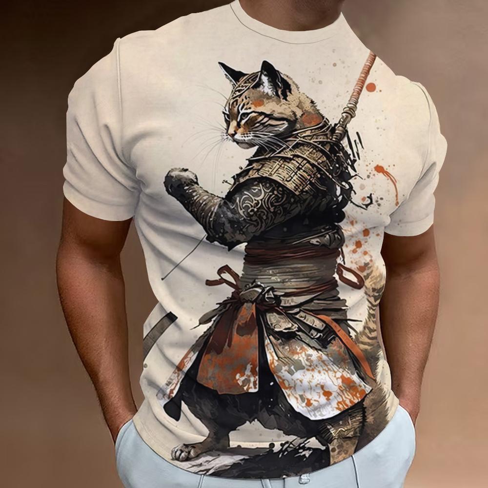 Kukebang Nieuwe Retro Heren T-shirt 3d Samurai Cat Print Zomer Korte Mouw T-shirt Voor Heren Mode Oversized Herenkleding T-shirts Tops S