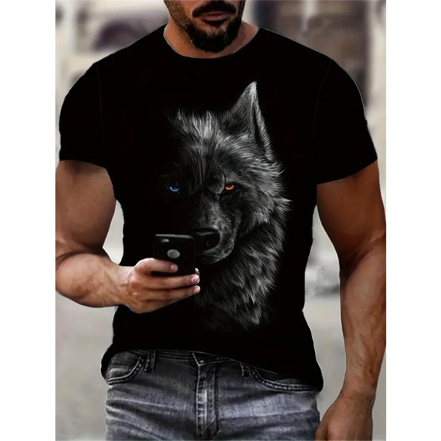 HerSight Grafische Wolf Print Heren Creatieve Top, Casual Ronde Hals Korte Mouw Licht Stretch T-shirt Voor Zomer Buiten S