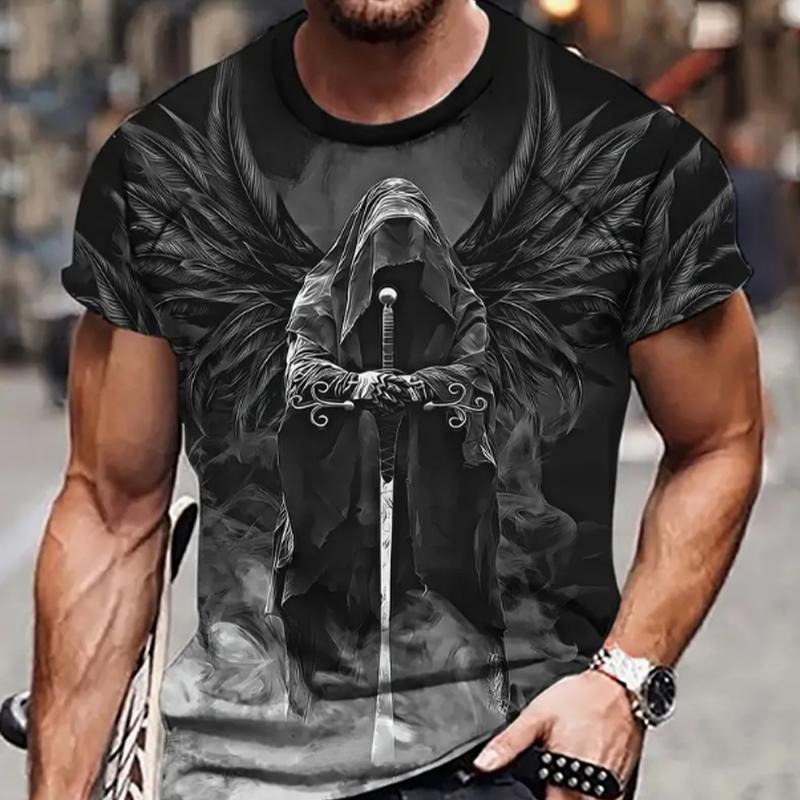 Happy Show Nieuwe zomer herenmode T-shirt persoonlijkheid engel ridder bedrukt heren T-shirt top XS zwart