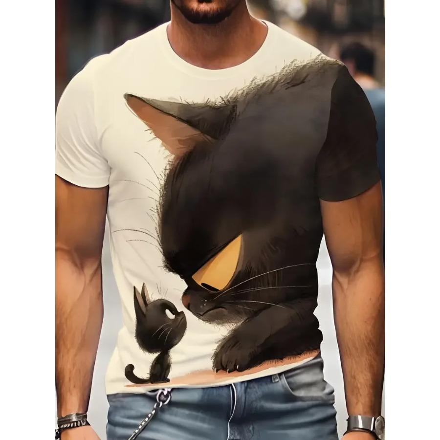 Plus Size FUGUIS Zomer Heren T-shirt Dier Schattige Kat Print Ronde Hals Korte Mouw Tee Street Trend Tops Oversized Herenkleding T-shirt Voor Heren S