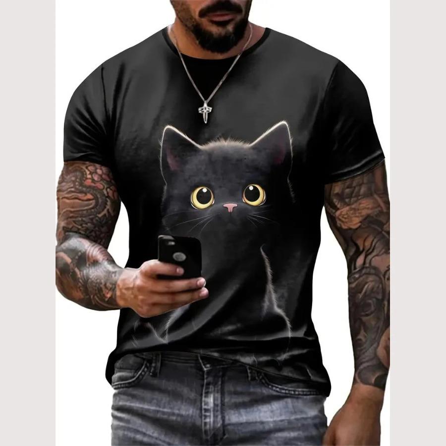 Plus Size FUGUIS Zomer dieren T-shirt voor heren 3D kattenpatroon print T-shirt Casual korte mouw T-shirt Mode heren oversized kleding Streerwear S