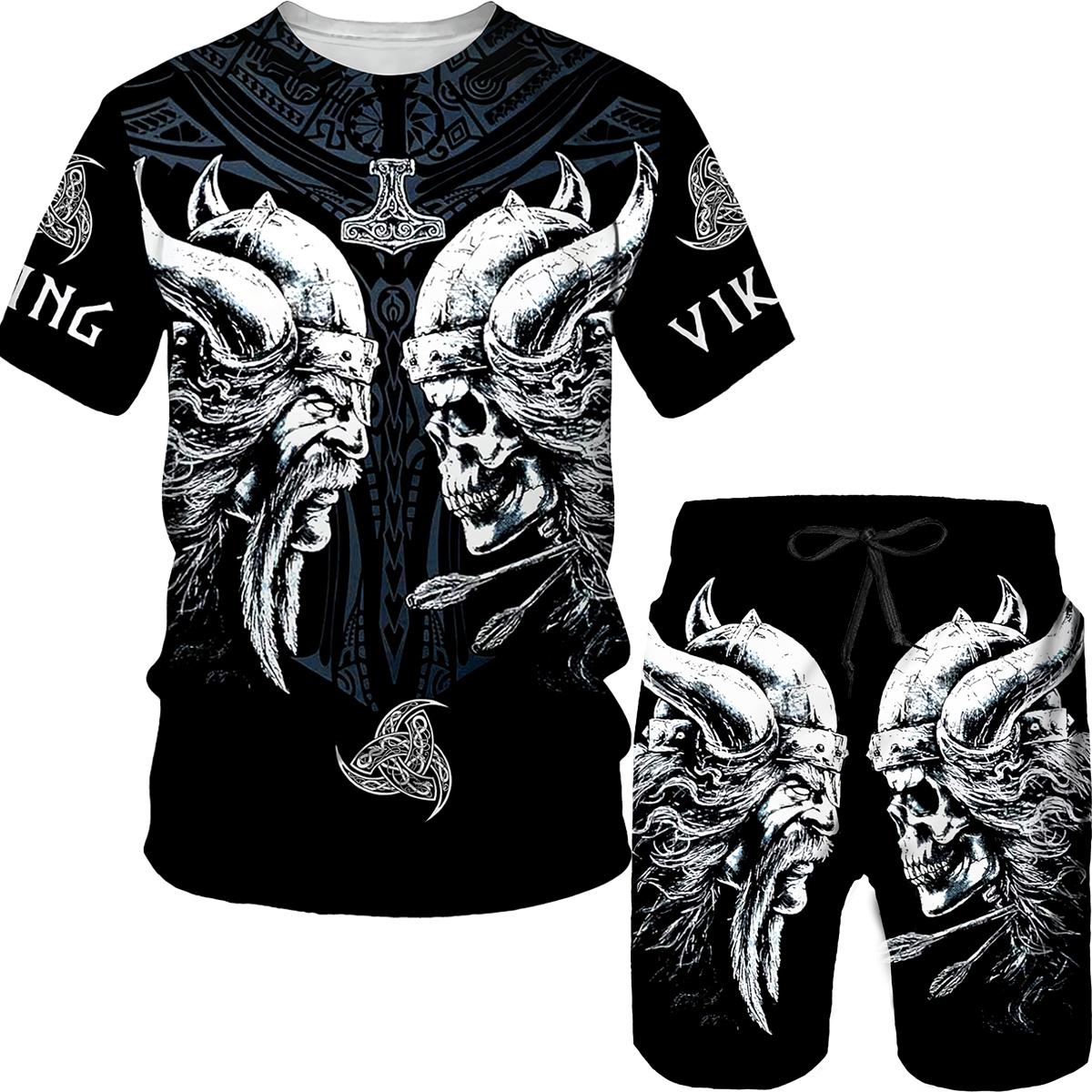 ETST 07 Zomer Oversize Herenpak Viking 3D Geprint Heren T-shirt en Heren Trainingspak T-shirt Shorts Casual Sportkleding Lente s