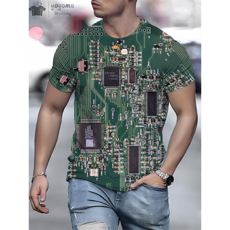 ETST 009 Zomer Heren Circuit Board Elektronische Chip CPU Creatieve Grafische 3D Print T-shirt Mode O-HALS Korte Mouw Oversized T-shirt S