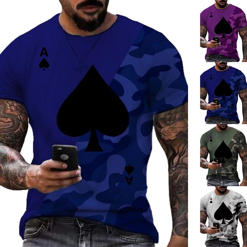 Happy Show Nieuwe zomer herenmode T-shirt persoonlijkheid camouflage aas van schoppen bedrukt heren T-shirt top XS legergroene kleur
